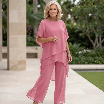 Vivienne | Women's Elegant Chiffon Two-Piece Set with Asymmetric Top and Wide Leg Pants