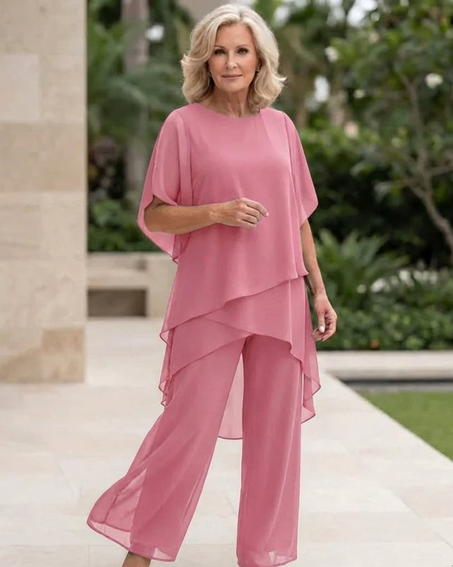 Vivienne | Women's Elegant Chiffon Two-Piece Set with Asymmetric Top and Wide Leg Pants