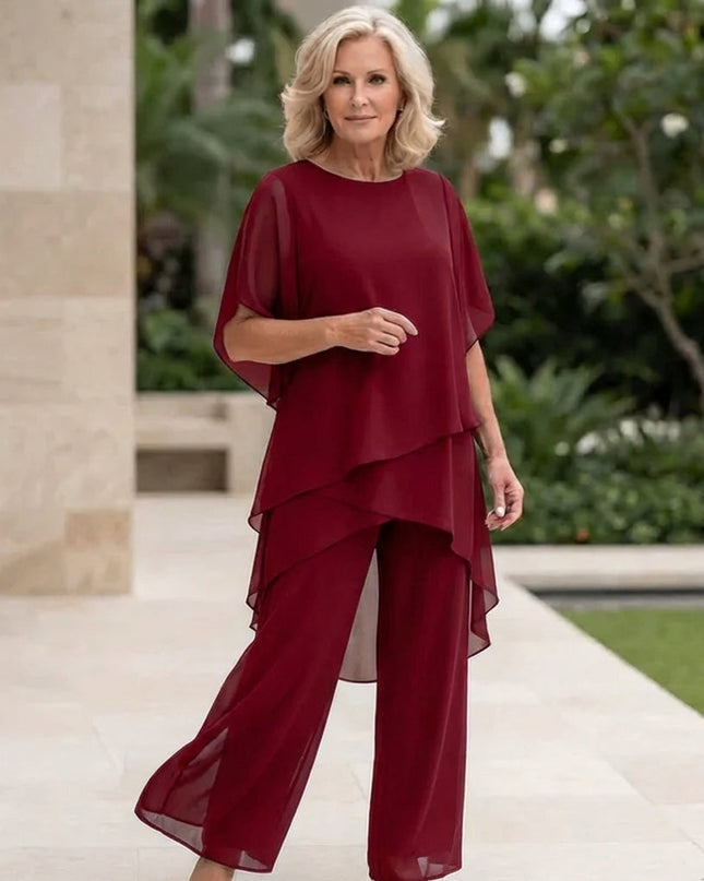 Vivienne | Women's Elegant Chiffon Two-Piece Set with Asymmetric Top and Wide Leg Pants