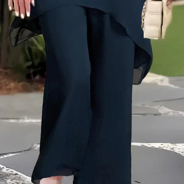 Vivienne | Women's Elegant Chiffon Two-Piece Set with Asymmetric Top and Wide Leg Pants