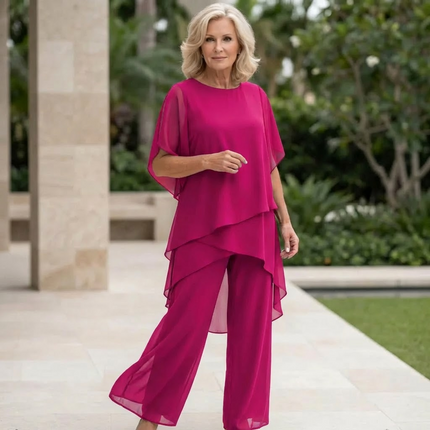 Vivienne | Women's Elegant Chiffon Two-Piece Set with Asymmetric Top and Wide Leg Pants
