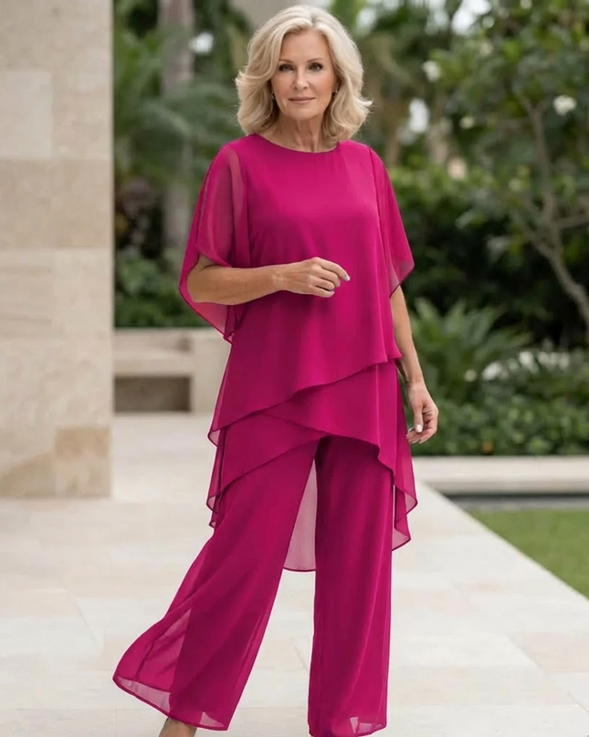 Vivienne | Women's Elegant Chiffon Two-Piece Set with Asymmetric Top and Wide Leg Pants