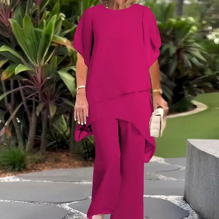 Vivienne | Women's Elegant Chiffon Two-Piece Set with Asymmetric Top and Wide Leg Pants