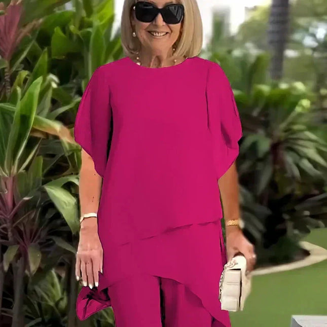 Vivienne | Women's Elegant Chiffon Two-Piece Set with Asymmetric Top and Wide Leg Pants