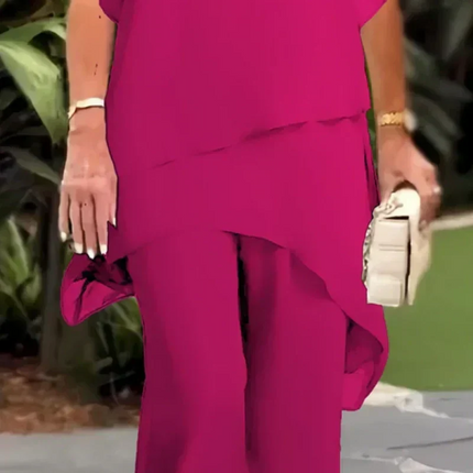 Vivienne | Women's Elegant Chiffon Two-Piece Set with Asymmetric Top and Wide Leg Pants