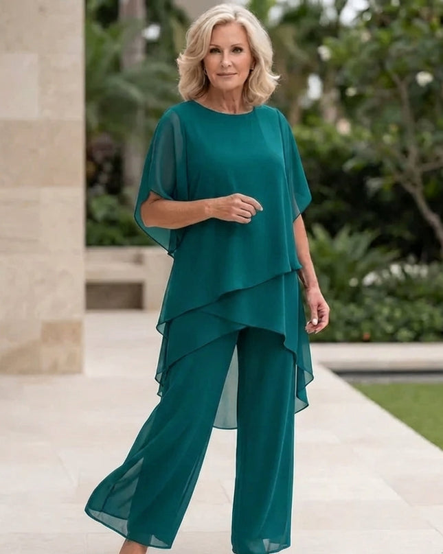 Vivienne | Women's Elegant Chiffon Two-Piece Set with Asymmetric Top and Wide Leg Pants
