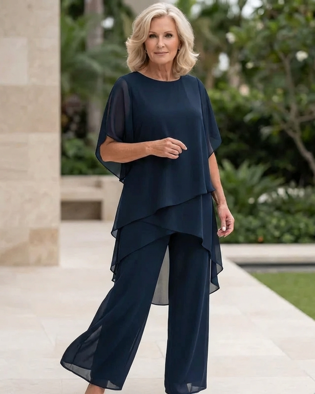Vivienne | Women's Elegant Chiffon Two-Piece Set with Asymmetric Top and Wide Leg Pants